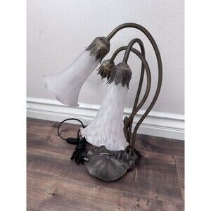 Tiffany Style Lily Pad Table 3 Lamps, 2 Frosted Art Glass Frosted Lily Shades